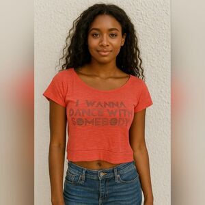 Vtg I Wanna Dance With Somebody Whitney Houston Crop Top Made In USA Blood Orang